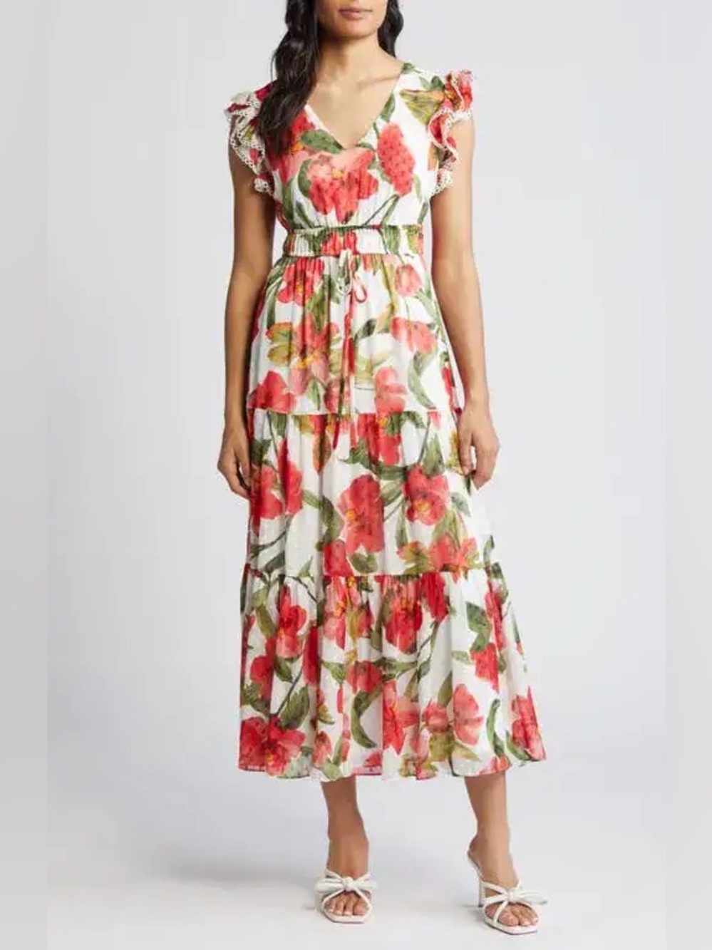 Anne Klein White Maxi Dress with Red Floral Print